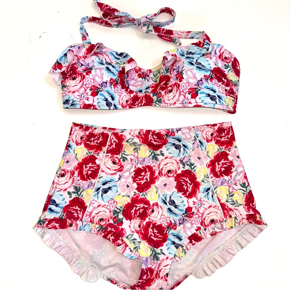 Unique Vintage bikini High waisted roses floral XL and 2XL